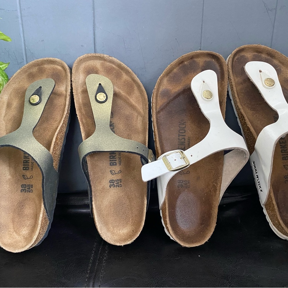 LOT 2 Pre-owned Birkenstock Gizeh Sandals in Green Olive and White 38/7 Women’s